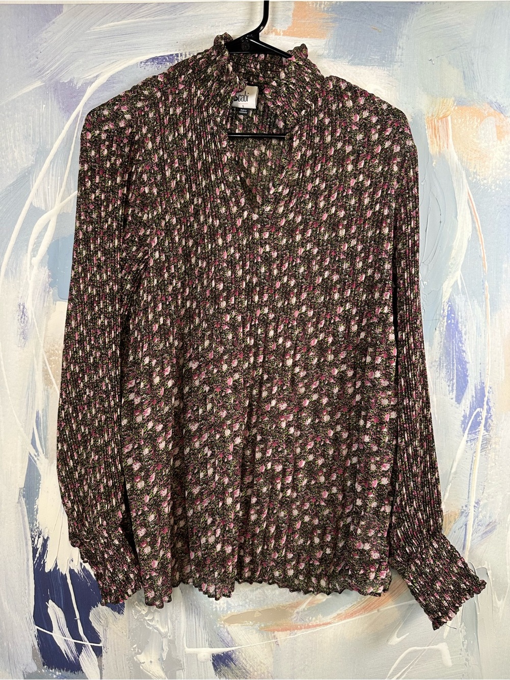 CAbi 3952 Knife Pleat Floral Blouse Small Pink Black High Neck Ruffle